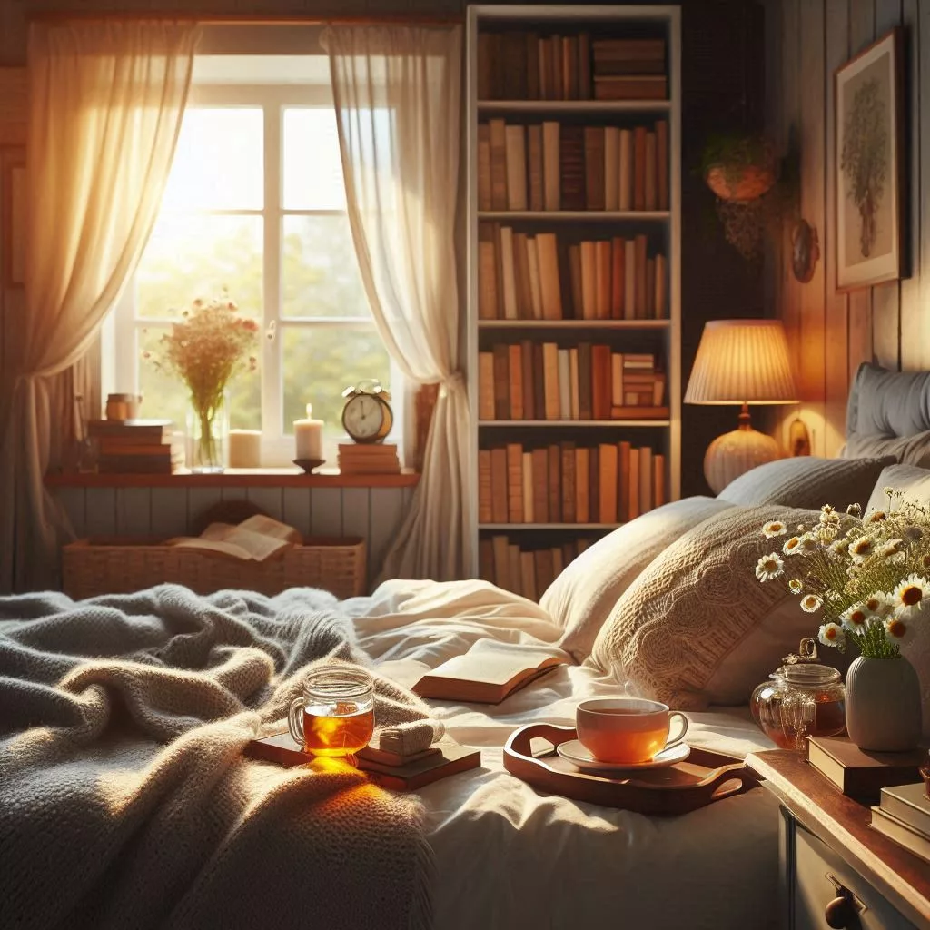 a bed with books and tea cups on it for a bedtime routine