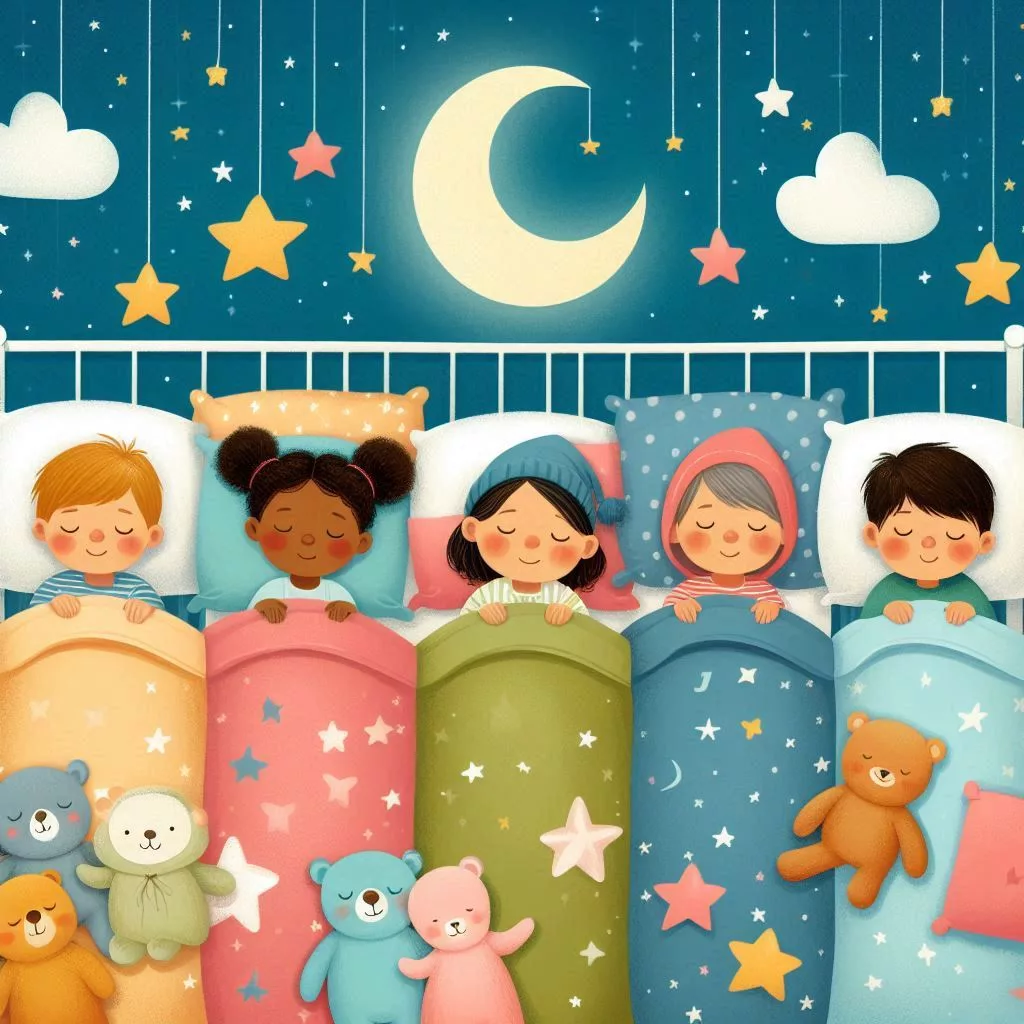 a group of children sleeping in bed for sleep hygiene