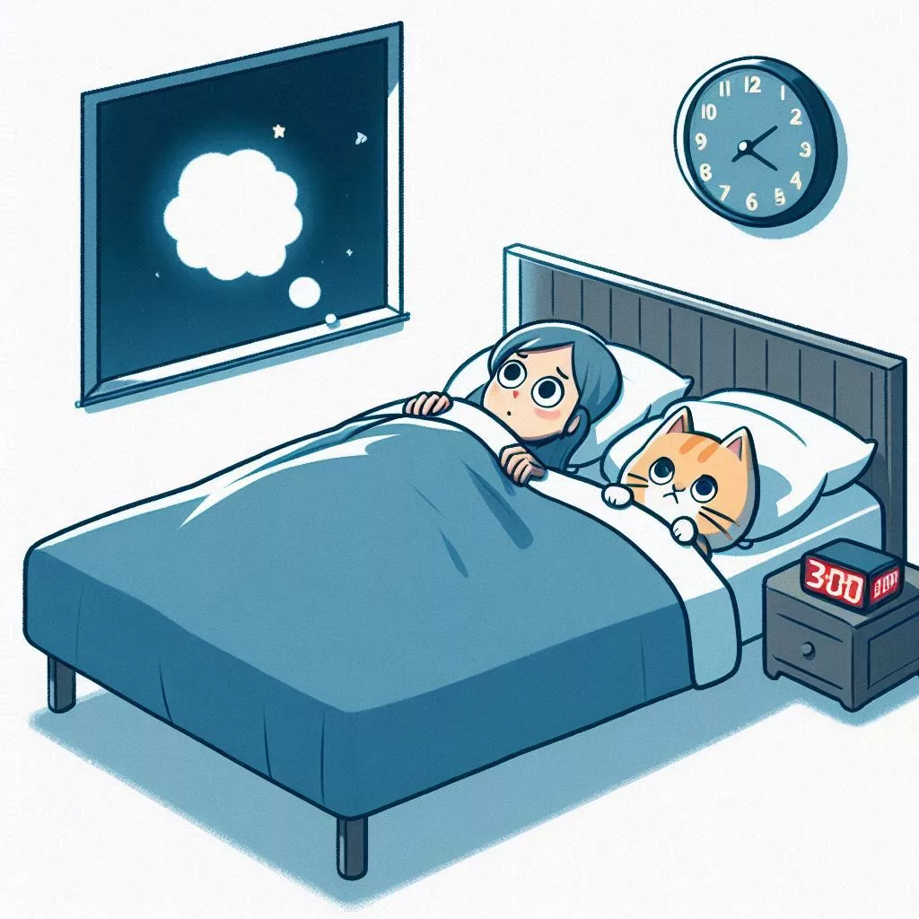 cartoon girl lying in bed with cat on bed