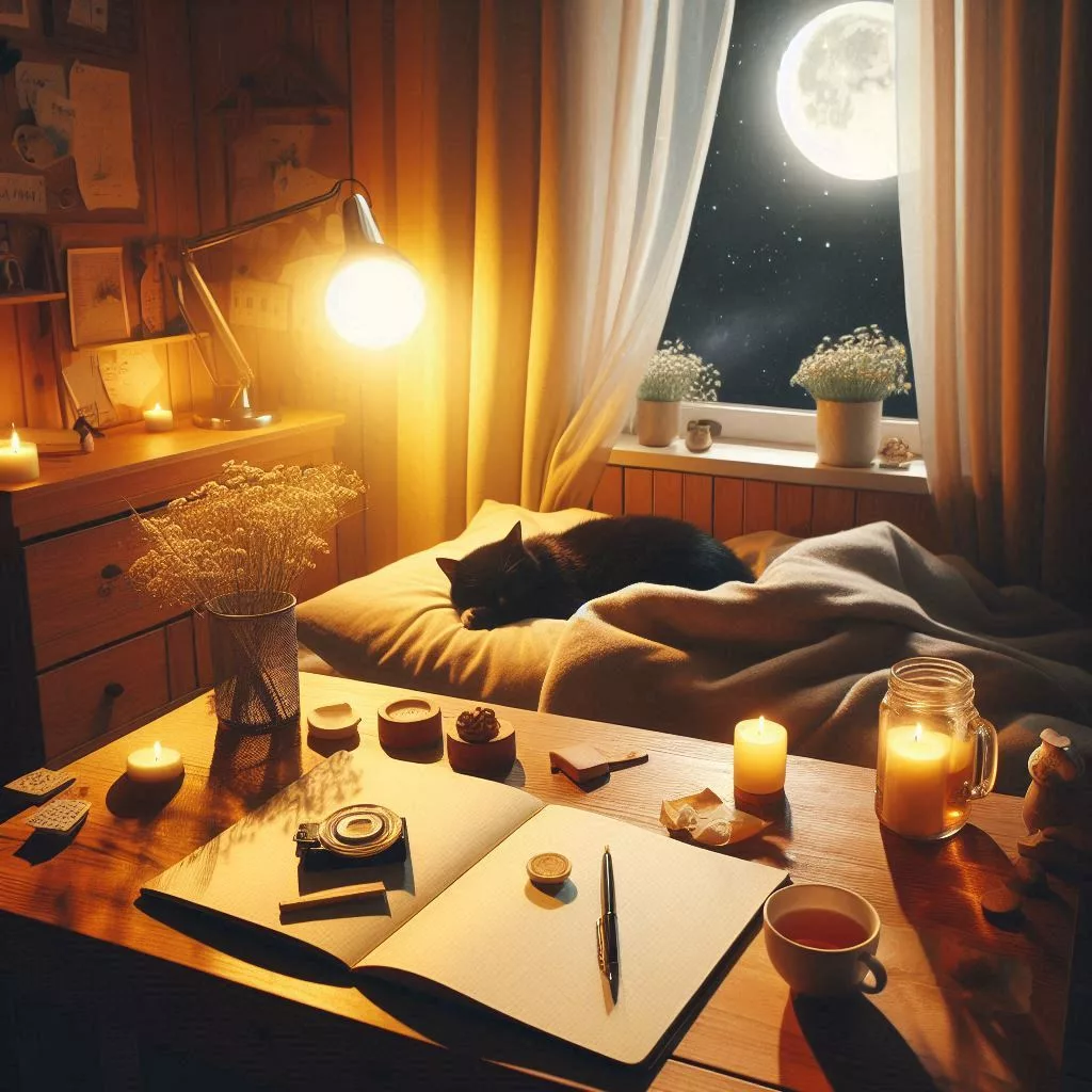 a cat sleeping on a bed in a room with a window and candles for journaling