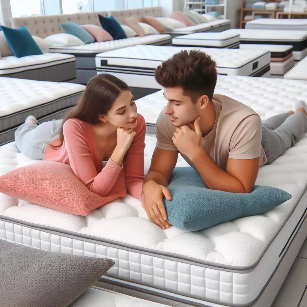 a man and woman thinking of the best way to choose a mattress for their needs