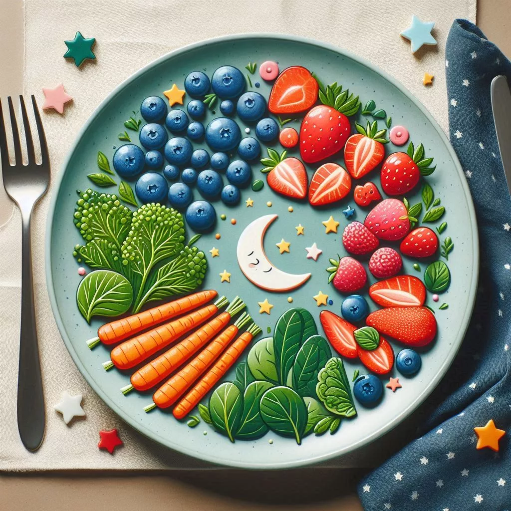 a plate with fruit and vegetables; the role of nutrition in bedtime habits