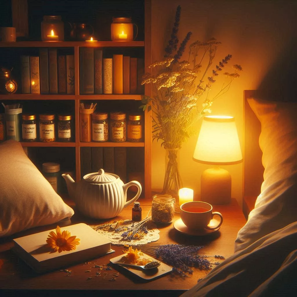 a table with a teapot and a book and a cup of sleep-inducing tea